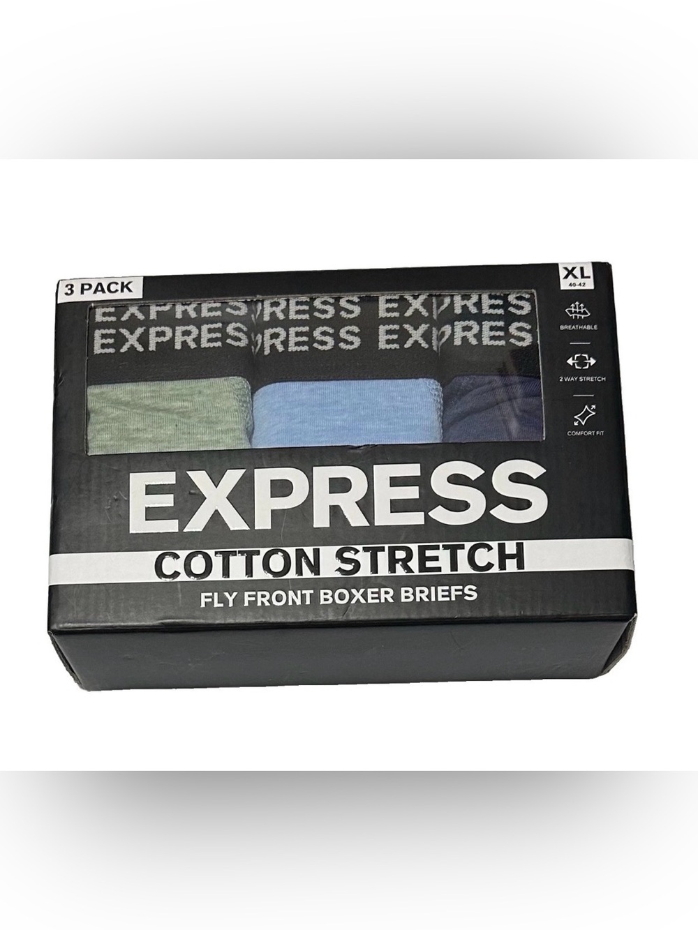Express 3 Men's Cotton Stretch Fly Front Boxer Briefs X-Large (40-42) Blue/Green